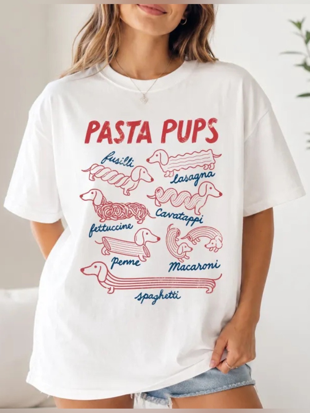 Pasta Pups Graphic Tee, Gildan Cream with Red Print, Intian Foodie Gift